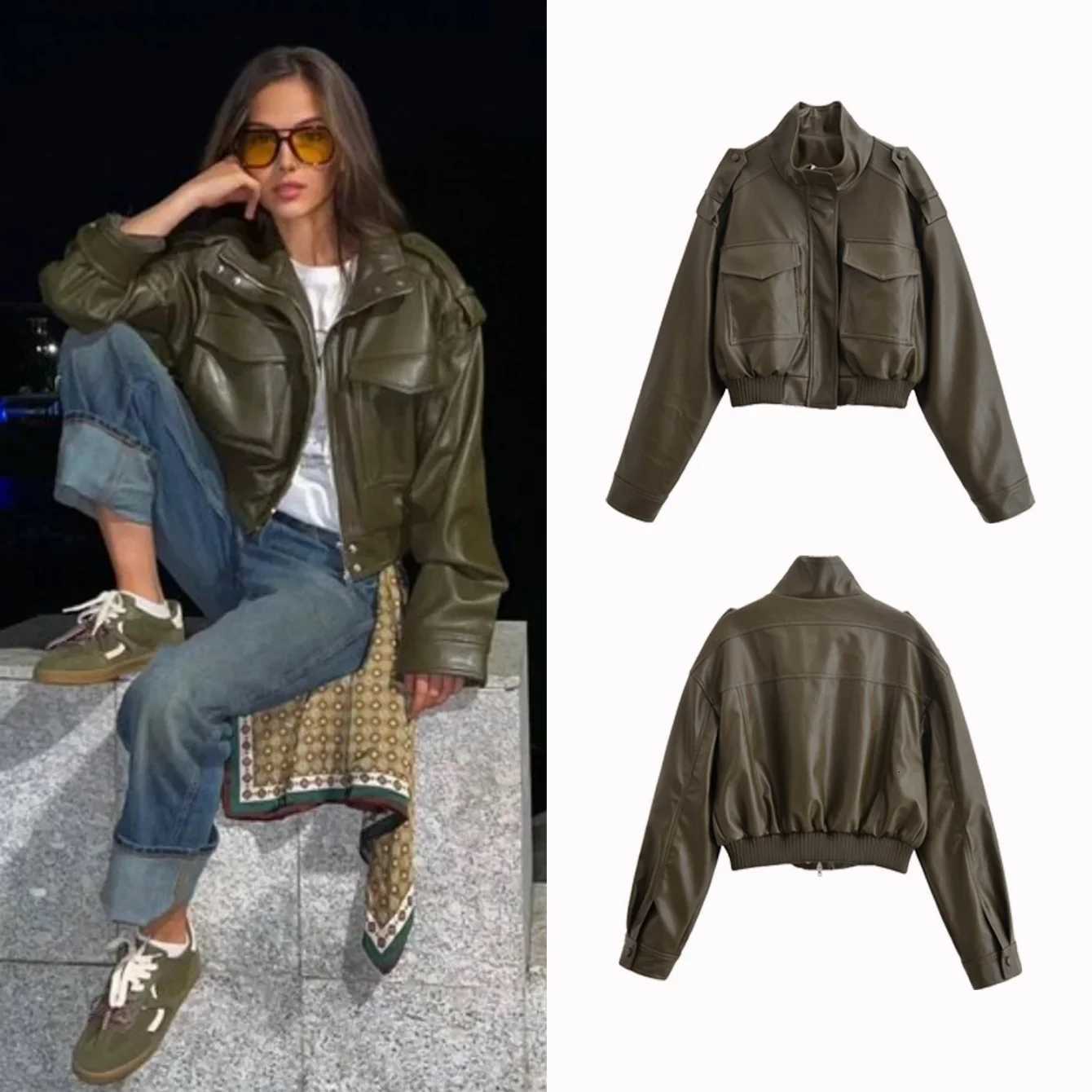 Women Autumn Winter Vintage Faux Leather Jackets Coat Pockets Loose Stand Collar Long Sleeve Zipper Coat Lady Chic JacketT251017