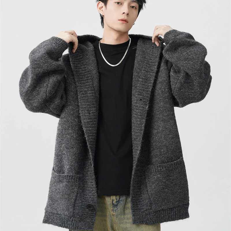 Winter Gray Woollen Knitted Cardigan Hooded Sweater Mens Pockets College Fashion Knitwear Jacket Y2K Vintage Jumpers Hombre J251017