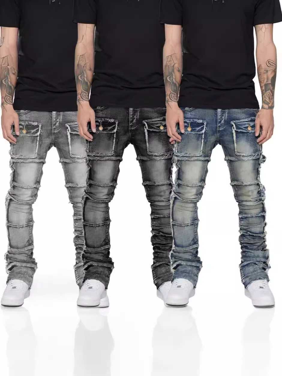 2025 Trendy Men Jeans European 1 Fashionable Workwear with Patch Elastic Laminated and Slightly Flared Men Denim Pants1 Y251105