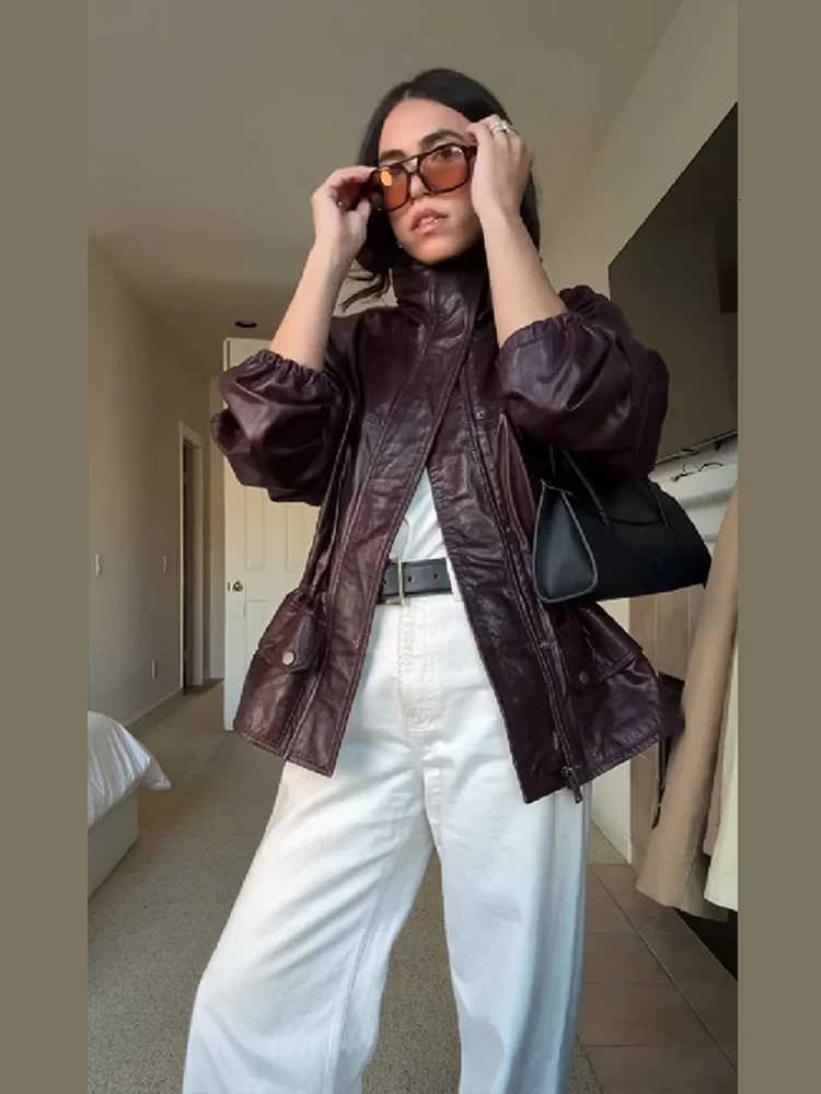 Fashion Stand Collar Pu Leather Red Jacket Long Sleeve Waist Cinching Pocket Coats 2025 Autumn Lady Chic High Street OuterwearT251017