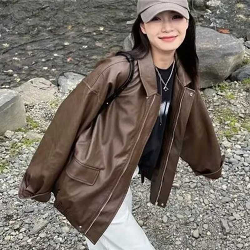 Highgrade Female Solid Color Leather Jacket Autumn Women Locomotive Faux Leather Coat American Ladies Loose PU Leather OutwearT251017