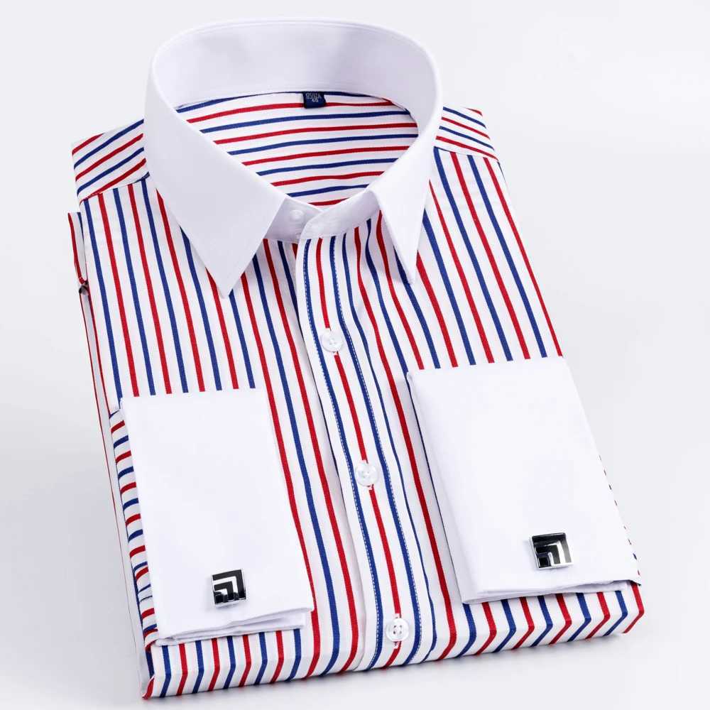 Mens Contrast Striped French Cuff Dress Shirt Without Pocket Formal Business Long Sleeve Standardfit Wedding Party Shirts J251017