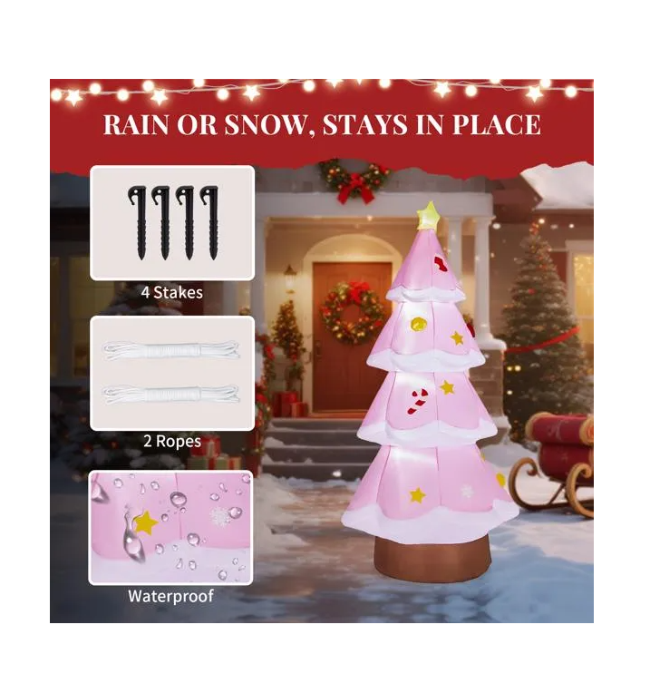 7.2FT Lighted Christmas Inflatable Decoration Inflatable Pink Christmas Tree Funny Blow Up Yard Decorations with Built-in LED Lights for Holiday Party