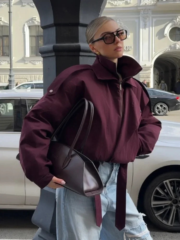 Fashion Wine Red Zipper Loose Overcoat Women Chic High Collar Long Sleeve Lace Up Elastic Waist Jacket Female Commute Daily Coat 251017