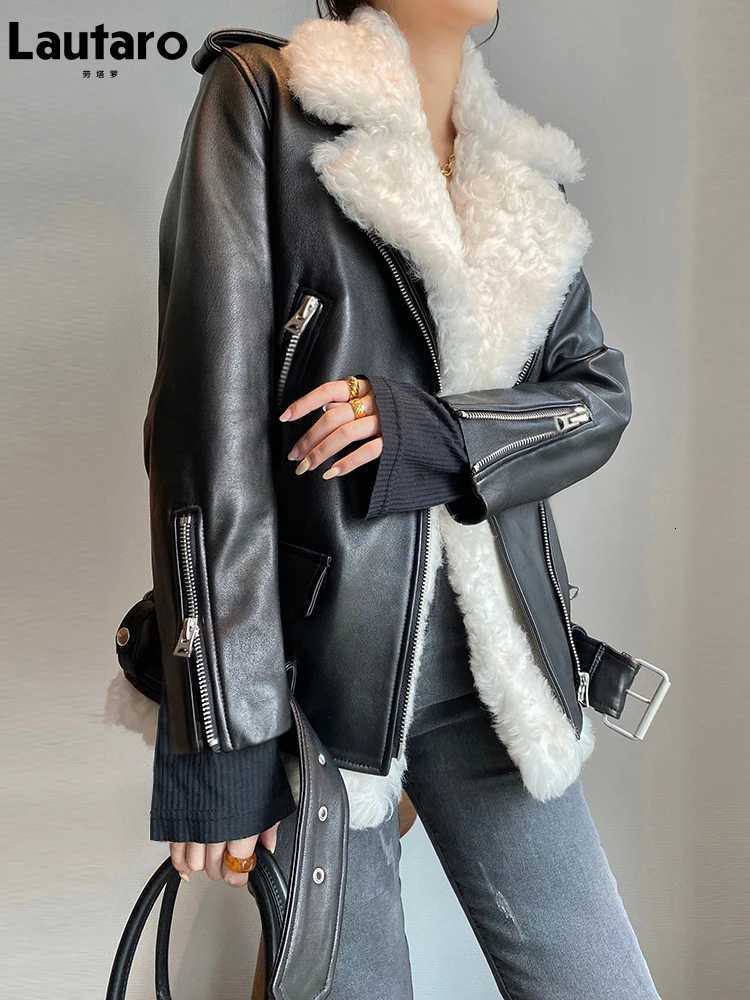 Lautaro Autumn Womens Leather Motorcycle Biker Jacket Zipper Long Sleeve Loose Red Black Soft Faux Leather Jacket for Women 2021T251017