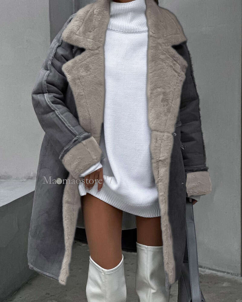 Winter Furry Suede Coat Suit Collar Cardigan Long Sleeve Plush Jacket coats designer women