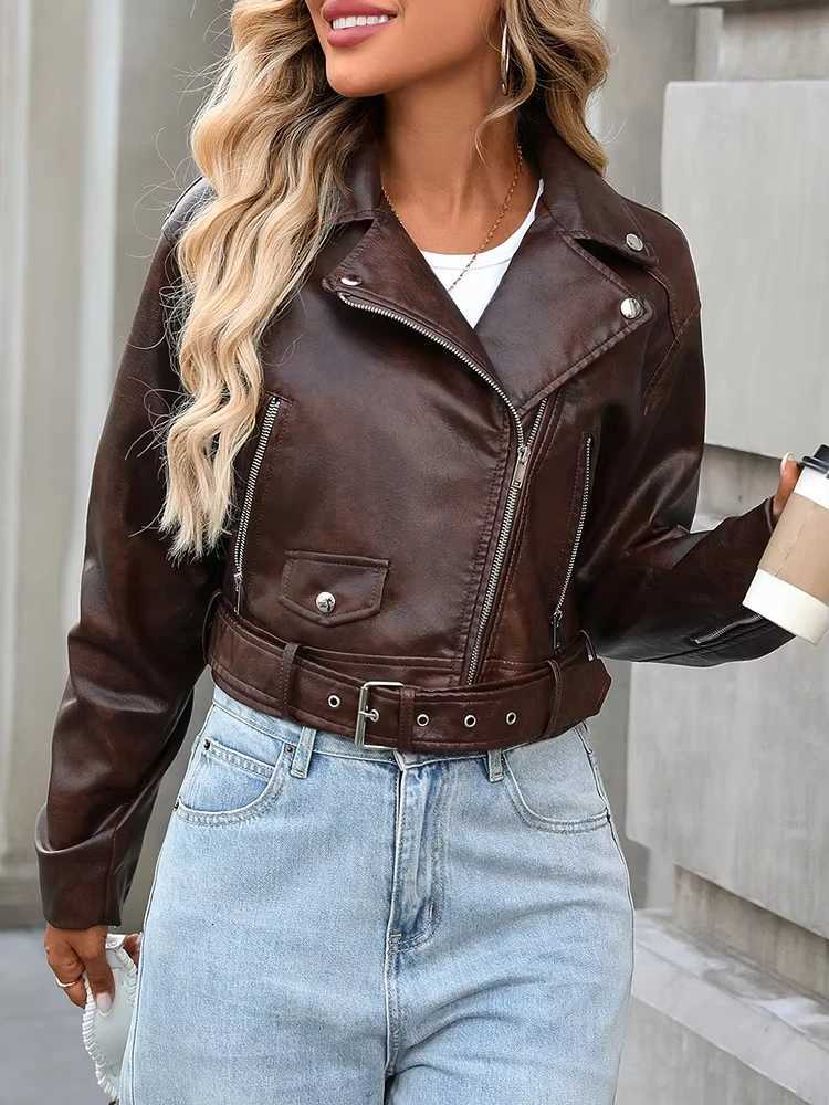 HH Women Vintage Motorcycle Faux Leather Jacket TurnDown Collar Long Sleeve Zipper Autumn Fashion Lady High Street OutwearT251017