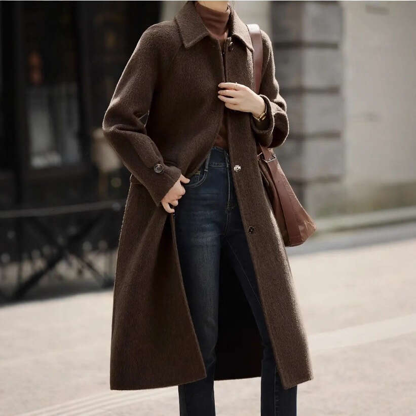 Women's Autumn Winter New Arrival Ladies Woolen Coat Streetwear Fashion Casual Lace-Up Long Slim Fit Outerwear B5