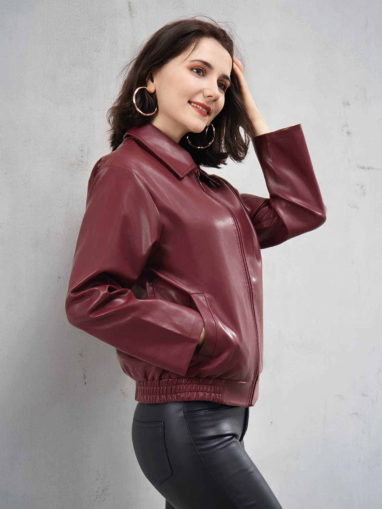 Womens Fashion Faux Leather Biker Jacket Zip Up Spring Autumn CoatT251017