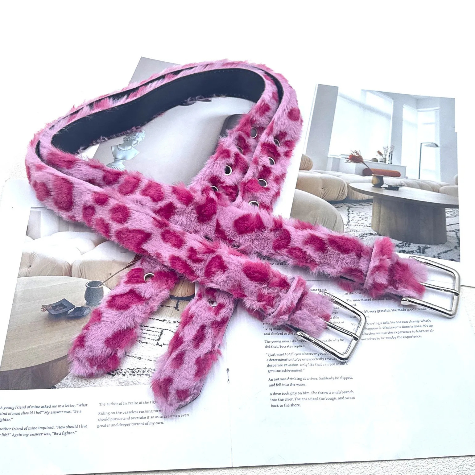 Original Y2K n leopard print belt for trendy girls subculture plush accessory Rustic fur hat Retro leather belt 251010