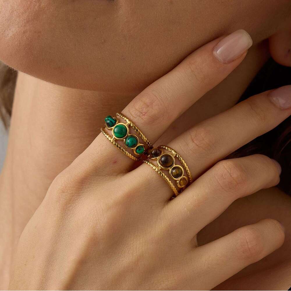 St.delan French Style Hollow Round Bead Turquoise Tiger Eye Stone Open Ring Women's Stainless Steel Jewelry ddmypluto
