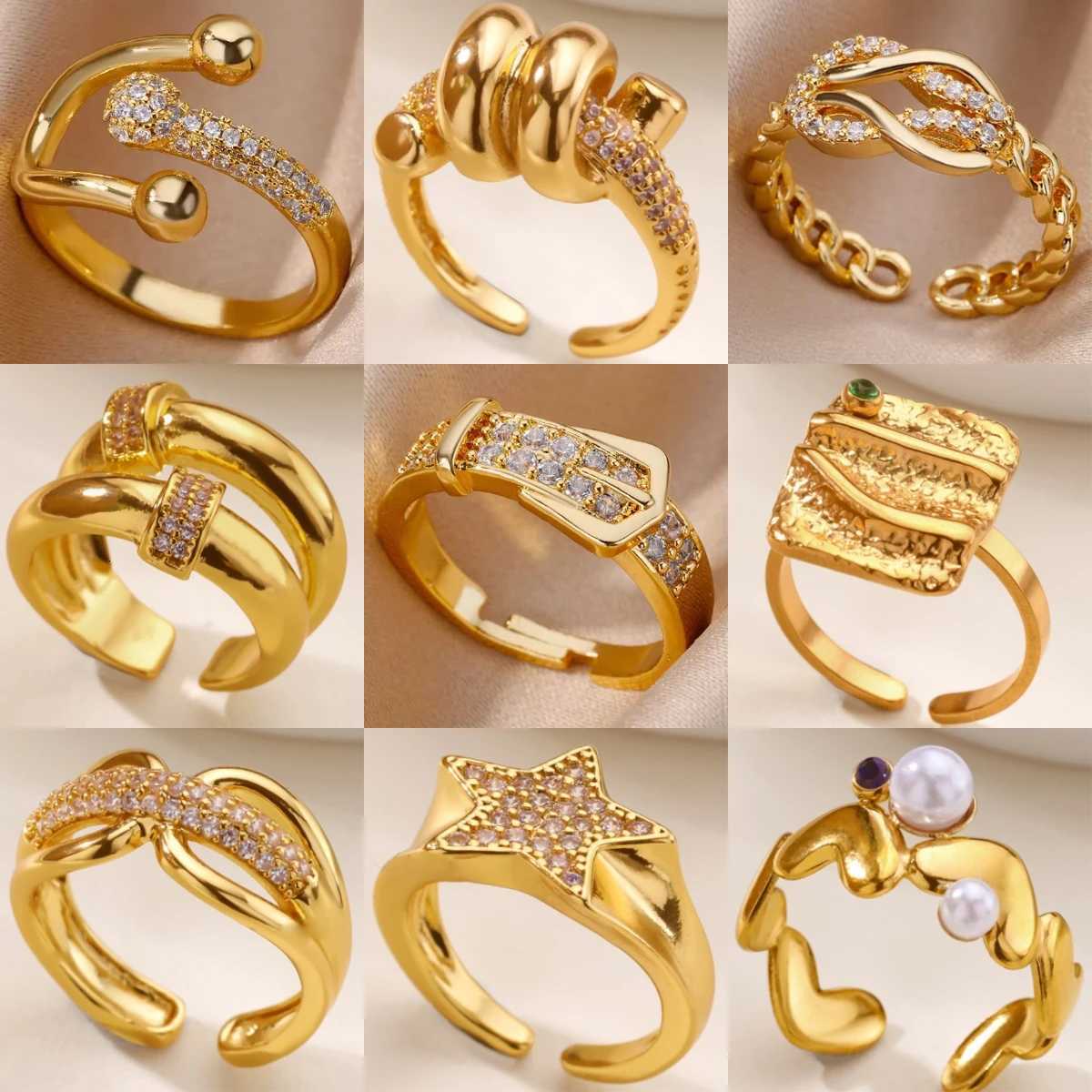 316L Gold Plated Stainless Steel Zircon Rings For Women Chain Geometry Finger Ring Jewelry Gift anillos mujer 2025 New TrendyW251017