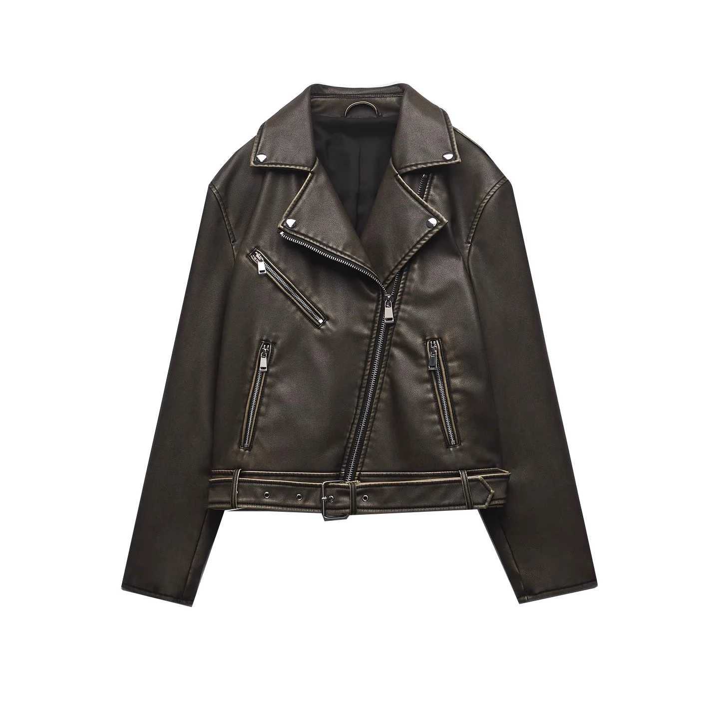 ZVRI ladies 2024 new vintage do old washed leather imitation leather locomotive type PU jacket womens coat topT251017