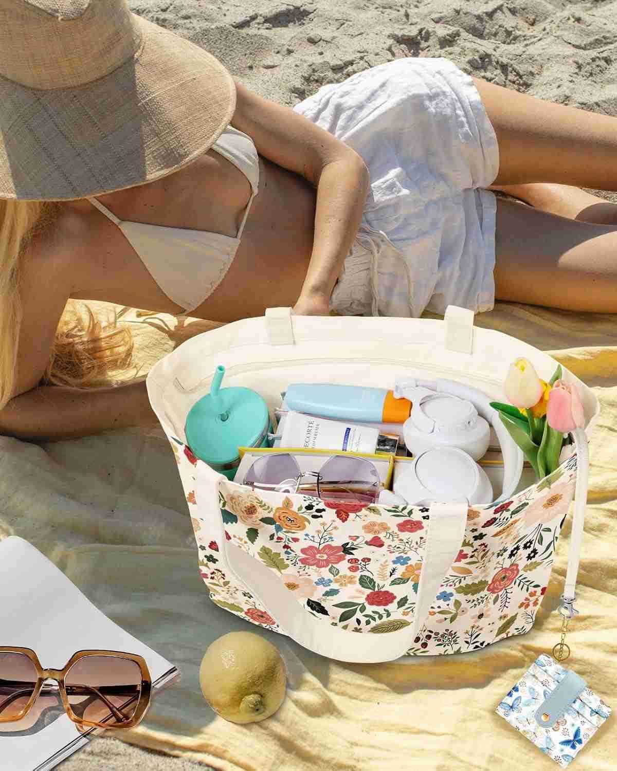 Large Tote Bag for Women Aesthetic Cute Big Canvas Bags with Zipper Cotton Shoulder Bag for Gym Travel Work M251017