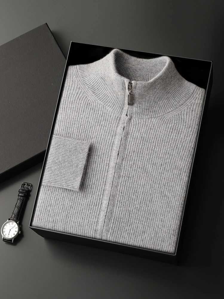 Mens 100 Cashmere Sweater Mock Neck Zipper Cardigan Jacquard Knitted Sweater Smart Casual Style Jacket for Autumn Winter J251017