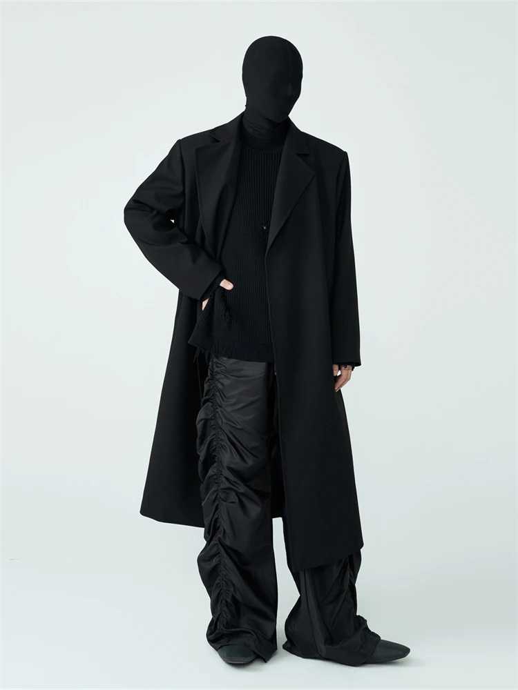 High Street Long Woolen Trench Coats Trench Coat Mens Wool Buttonless Loose Shoulder Pads Mid Length Spliced Black Coat J251017