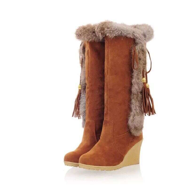 Women's 2025 New Style Winter Warm Furry Faux Fur-Like PU Cover Knee-High With Wedge Heel Slip-Resistant MD Sole, Plush Lining, Plus-Size Snow Bo