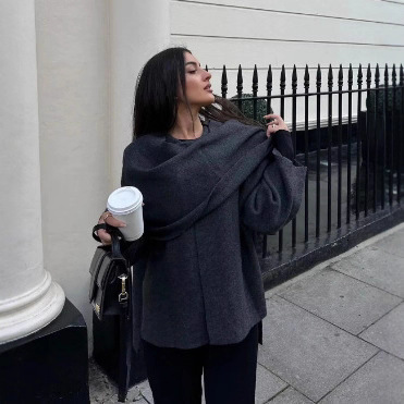 Women's Elegant Woolen Short Coat with Contrasting Scarf Collar Long Sleeves,and Loose Fit - Chic Autumn Lady Outerwear 241218