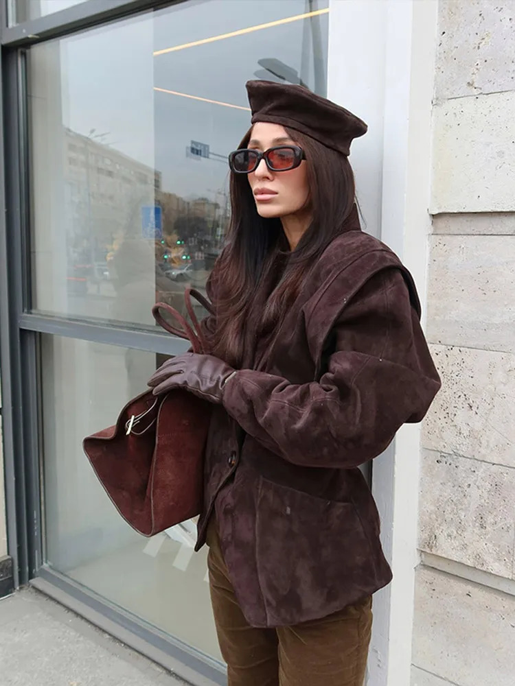 Dark Color Suede Fabric Stand Up Collar Jacket Women Causal Waist Cinched Broad Shoulder Coat Lady High Street Commute Outwear 251017