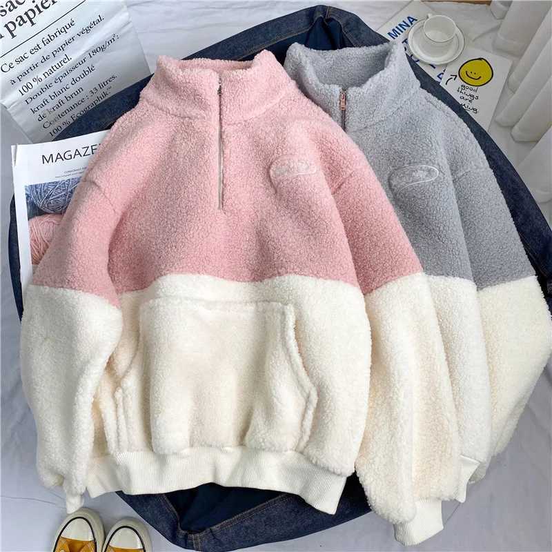 Patchwork Women Hoodies Spliced Sweatshirts Half High Collar Pullovers Long Sleeve Casual Loose Hoodies Autumn 2025 Pockets Z251017