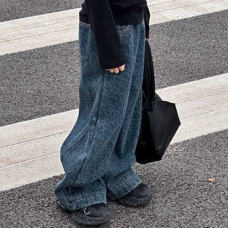 Girls Autumn Winter Plush Jeans 2025 New Girls Stylish Wide Leg Pants Retro Leopard Pattern Casual PantsT251017
