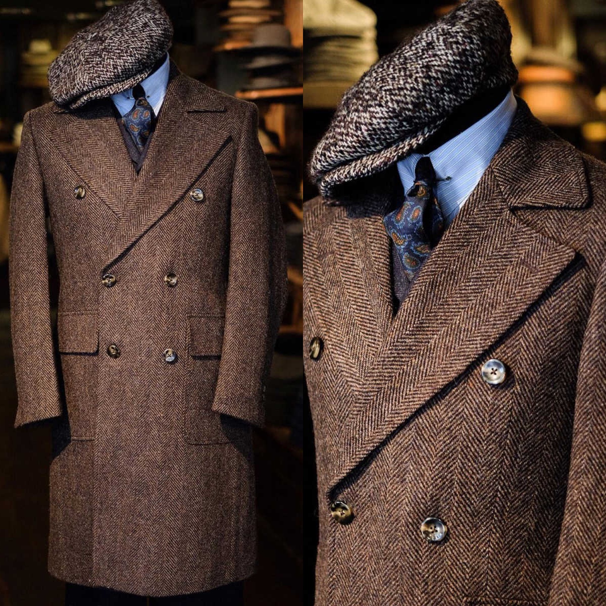 Customized Men Overcoat Suits Herringbone Wool Blend Double Breasted Long Coat Regular Fit Winter Groom Formal Wear