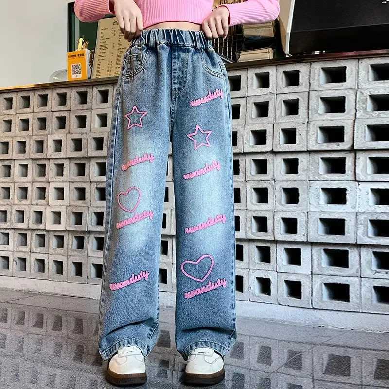 2025 New Elegant Teen Girl Heart And Letter Jeans For Teen Girl Fashion Kids Denim Pants Girls Wide Leg Trousers 5 To 14 YearsT251017