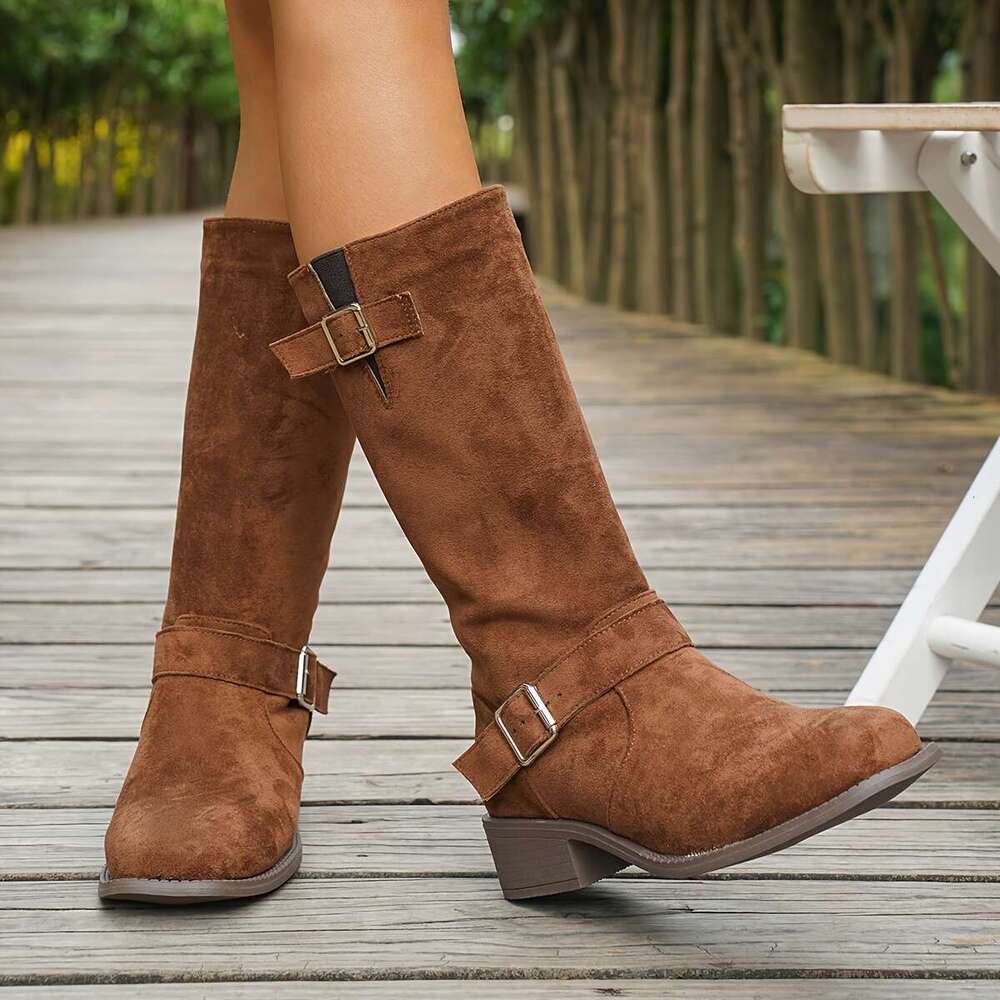 Women's Plus Size Suede Mid Calf Boots - Square Toe Chunky Heel With Buckle Strap, Faux Fur Upper Fabric Lining, Comfortable Slip-On Design For C