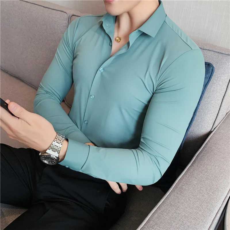 Plus Size 4XLM High Elasticity Seamless Shirts Men Long Sleeve Top Quality Slim Casual Luxury Shirt Social Formal Dress Shirts J251017