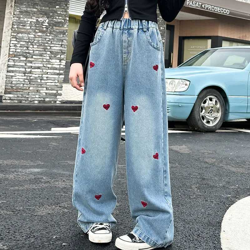 autumn 4 6 8 10 12 14 teenager girls Love embroidery jeans junior kids Western Straight Leg Pants Casual Wide Leg trousersT251017