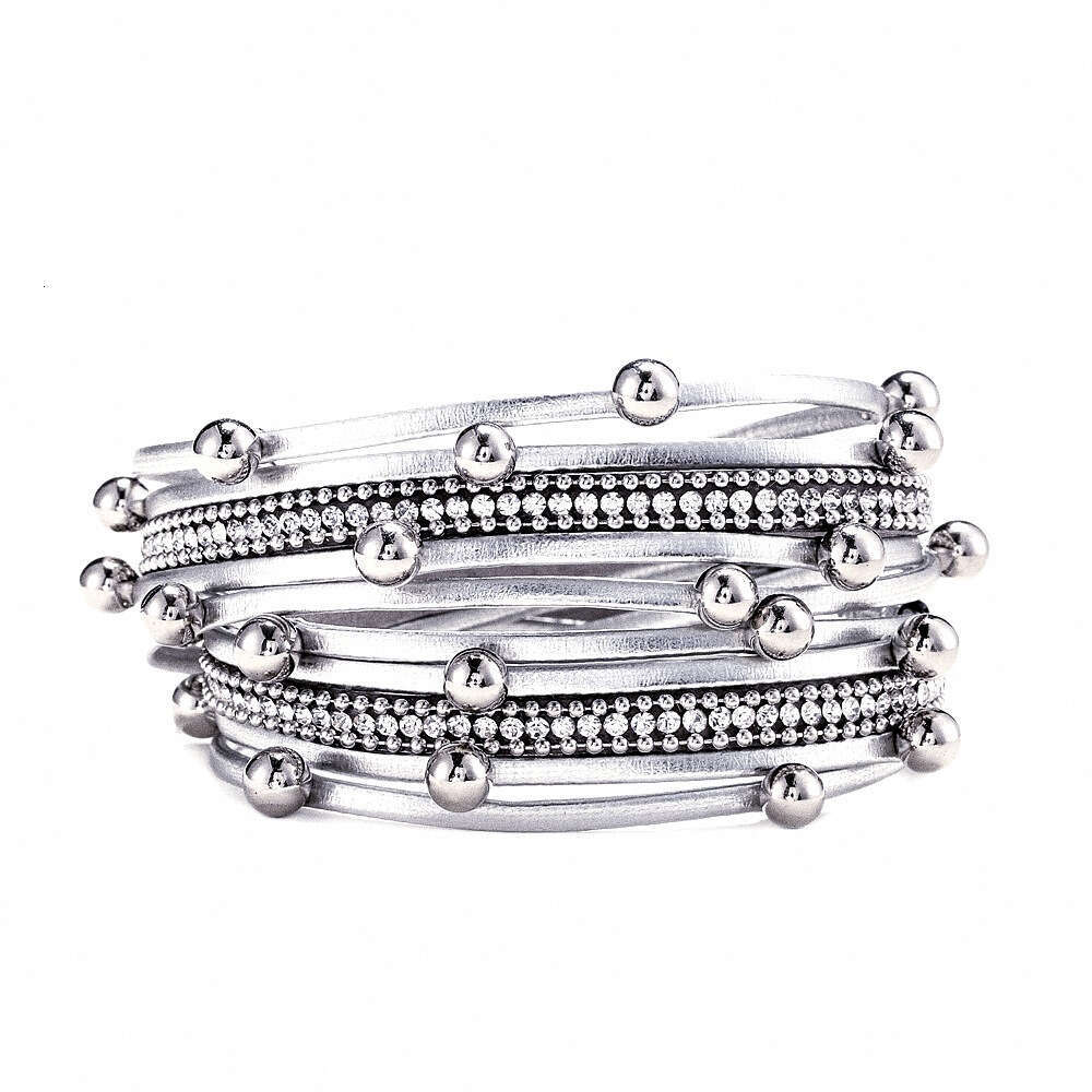 Fashion Niche Two-Circle Beaded Leather Multi-Layer Bohemian Alloy Magnetic Bracelet