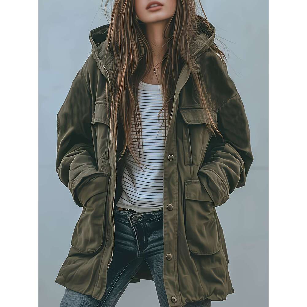 Men's Jackets Women's Heavyweight Style Hooded Jacket - All-Season Thickened Winter Coat, Multi-Pocket Olive Green Outerwear, Adjustable Bel