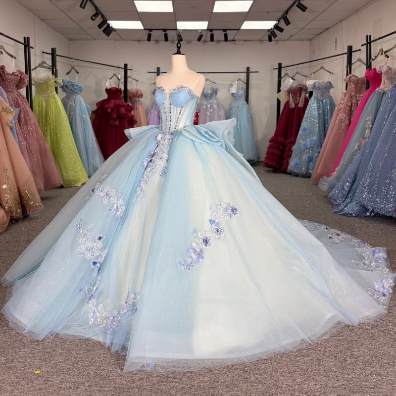 Sky Blue Shiny Quinceanera Dresses Off The Shoulder Applique Flower Beading Crystal Tull Party Birthday Sweet 16 Dres Vestidos 15 De Anos