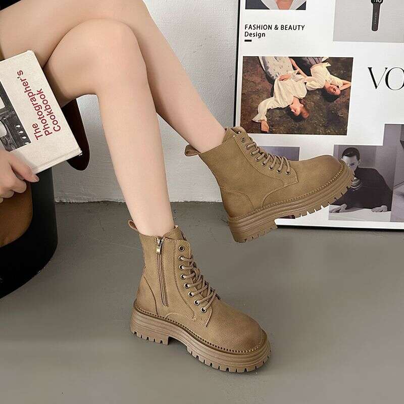 British Style Female Vintage Overalls Ankle Platform Martin Boots