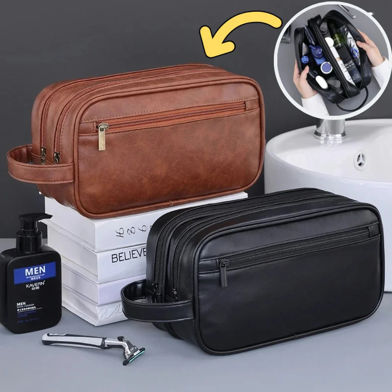 PU Leather Toiletry Bag for Men Women DoubleLayer Travel Wash Organizer Dopp Kit Waterresistant Shaving Cosmetic Bag Strorage 251013