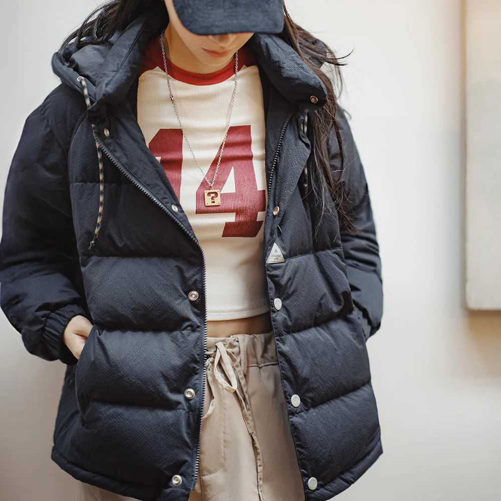 Maden Womens Winter Thickened Down Jacket 90 White Duck Down Navy Blue Hooded Short TOP Feamle Warm Coat Korea fashion clothing W251016