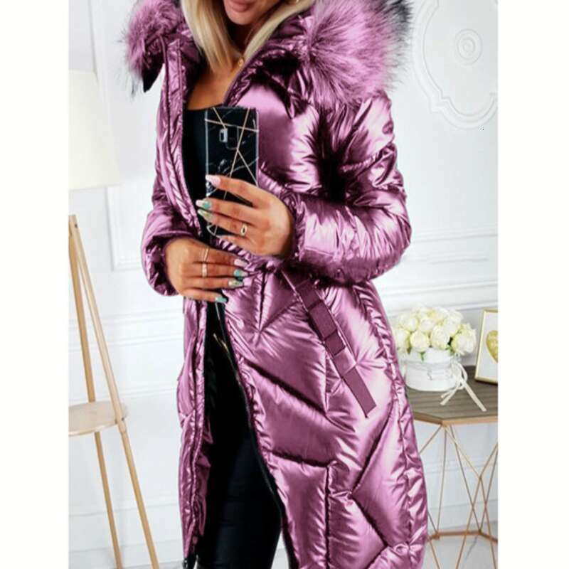 Women's Glossy PU Fur Collar Slim Cotton-Padded Long Sleeve Zipper Fashion Warm Women's Coat.