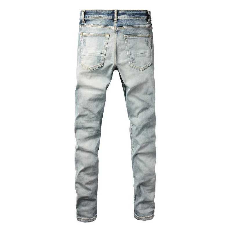 Mens Light Blue Pleated Patchwork Stretch Denim Jeans Streetwear Holes Ripped Pencil Pants Trendy Slim Skinny Trousers1 Y251105