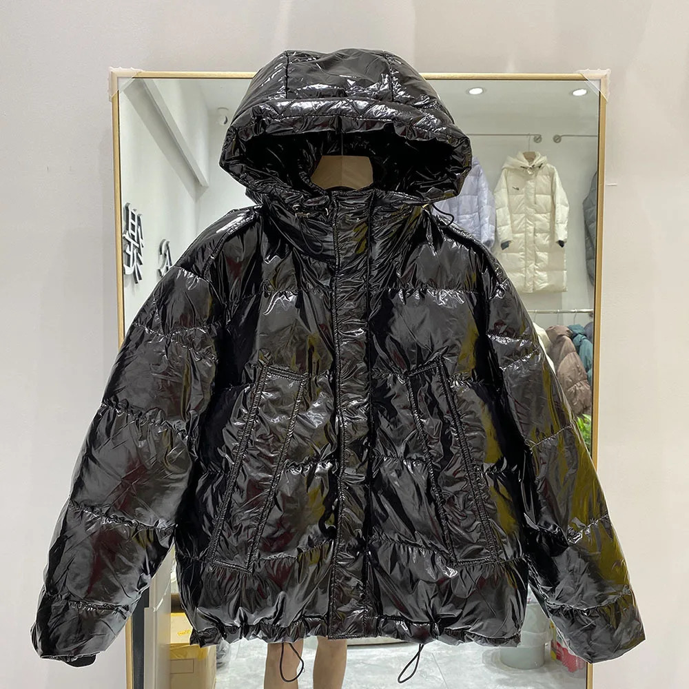 Glossy Short Puffer Jacket Korean Hooded Shiny Down Jackets Solid Colors Drawstring Long Sleeve Winter Parkas Female Coat 251014