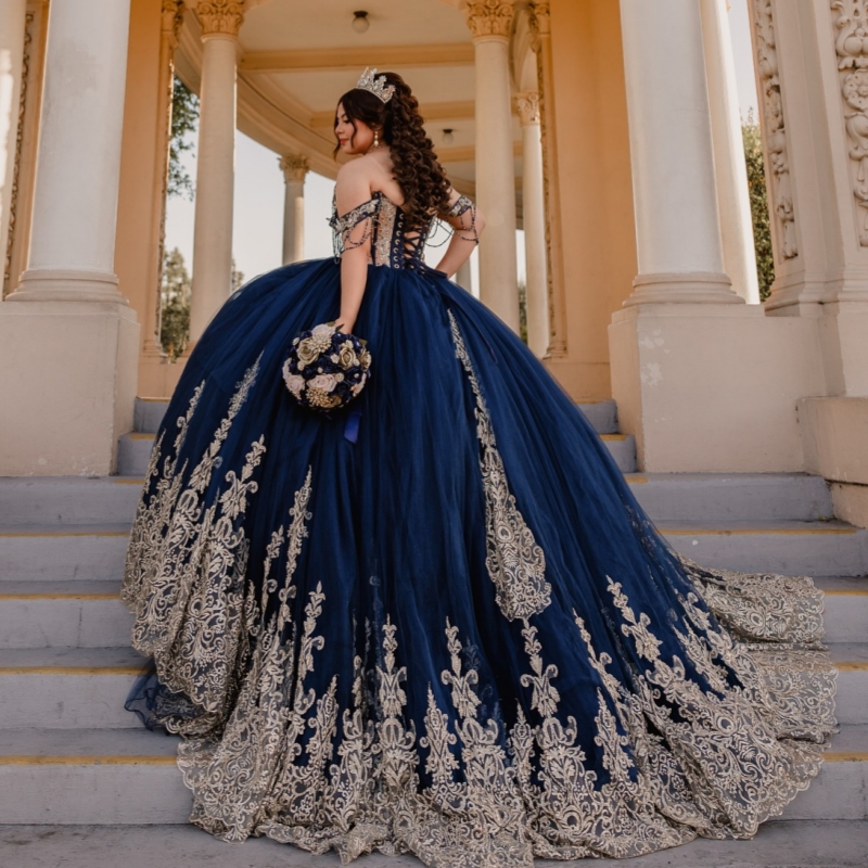 Navy Blue Shiny Quinceanera Dresses Off The Shoulder Applique Beading Crystal Tull Party Birthday Sweet 16 Dres Vestidos 15 De Anos