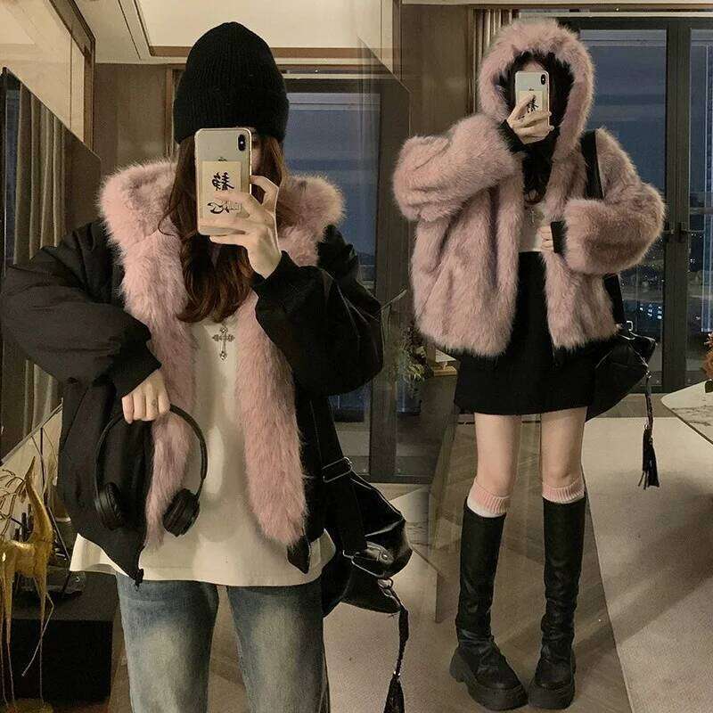 Double Sided Winter Coat Women Clothing Imitation Mink Fur Hooded Cotton Jacket Female Warm Cotton-Padded Clothes Outerwea