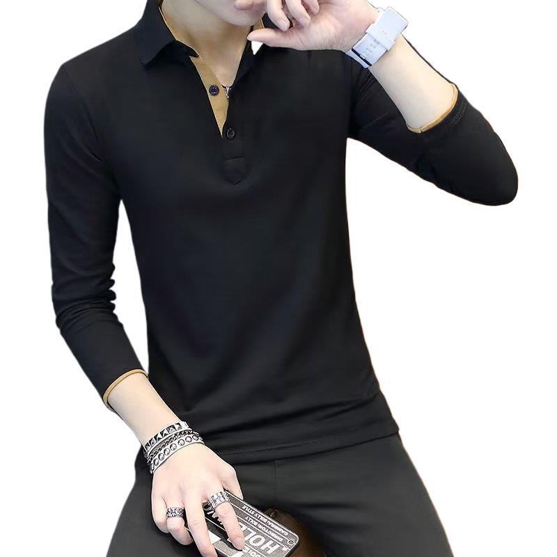 Spring and Autumn New Long Sleeve T-Shirt for Men, Trendy Slim Fit POLO Collar, Solid Color Business Base Shirt, Casual Top