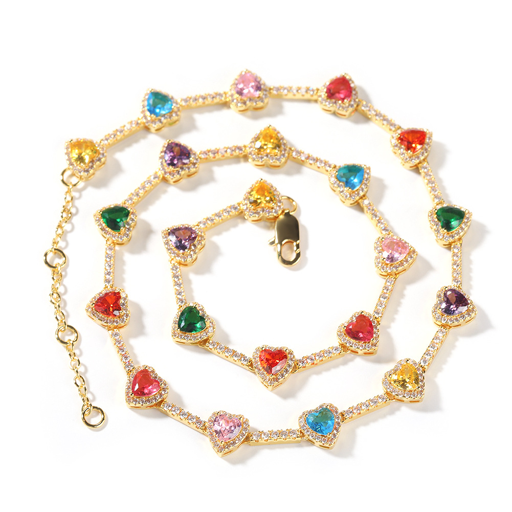 Colored 5A Zircon Love Heart Tennis Chain Necklace Bracelets 18K Gold Plated Jewelry