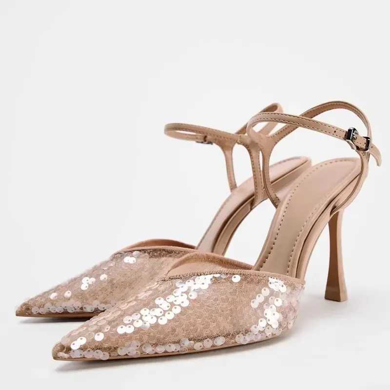 Luxury Designer Mesh Thin high Heeled Sandals Women Sexy Pointed Toe Bling Pumps Beige Open Heel Ankle Strap Wedding Party Shoes Z251015