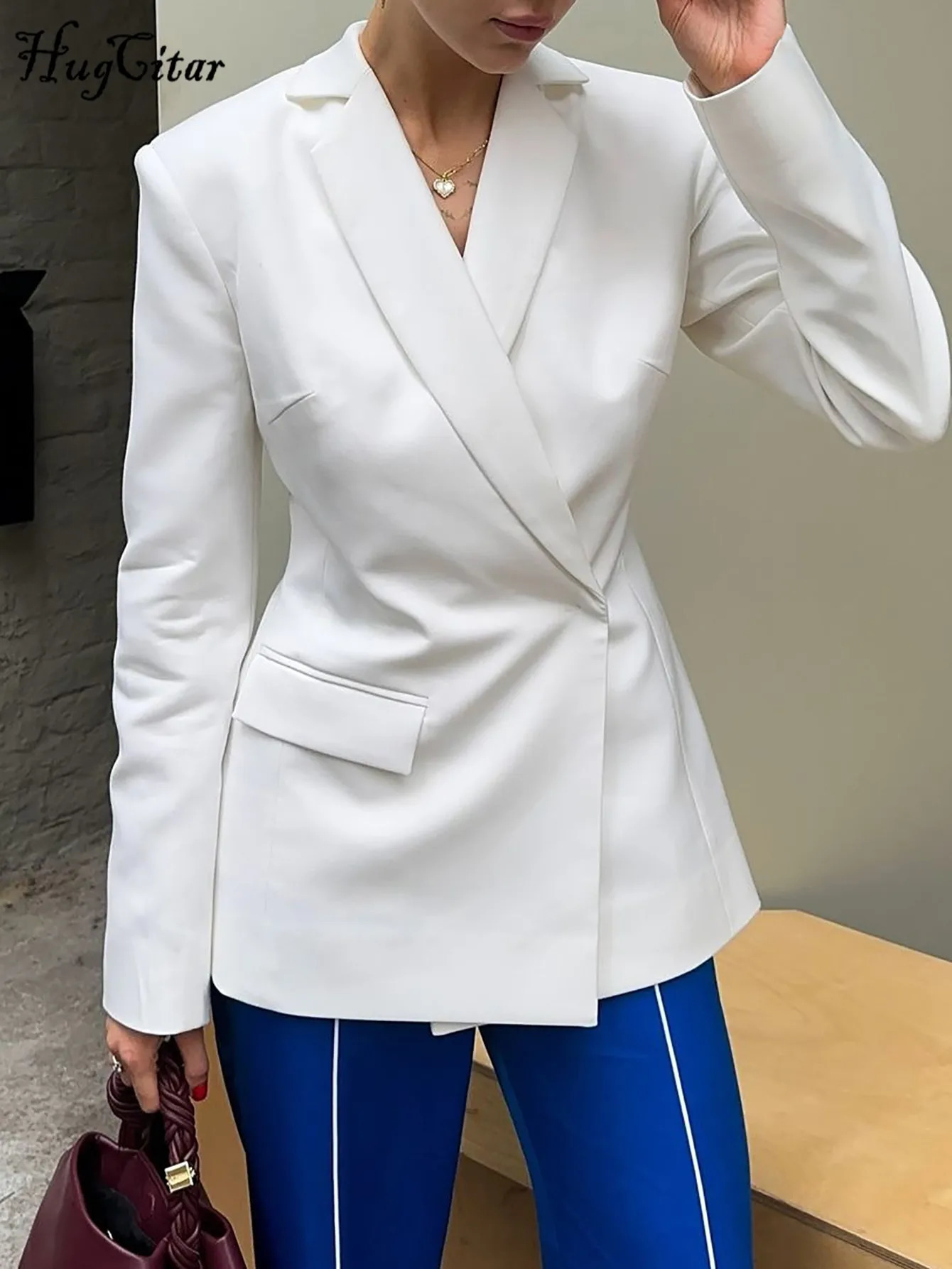 Hugcitar Solid Notched Collar Long Sleeve Button Backless Slip Sexy Oversize Suit Blazer Coat Female Fashion Top Party Vacation 251017