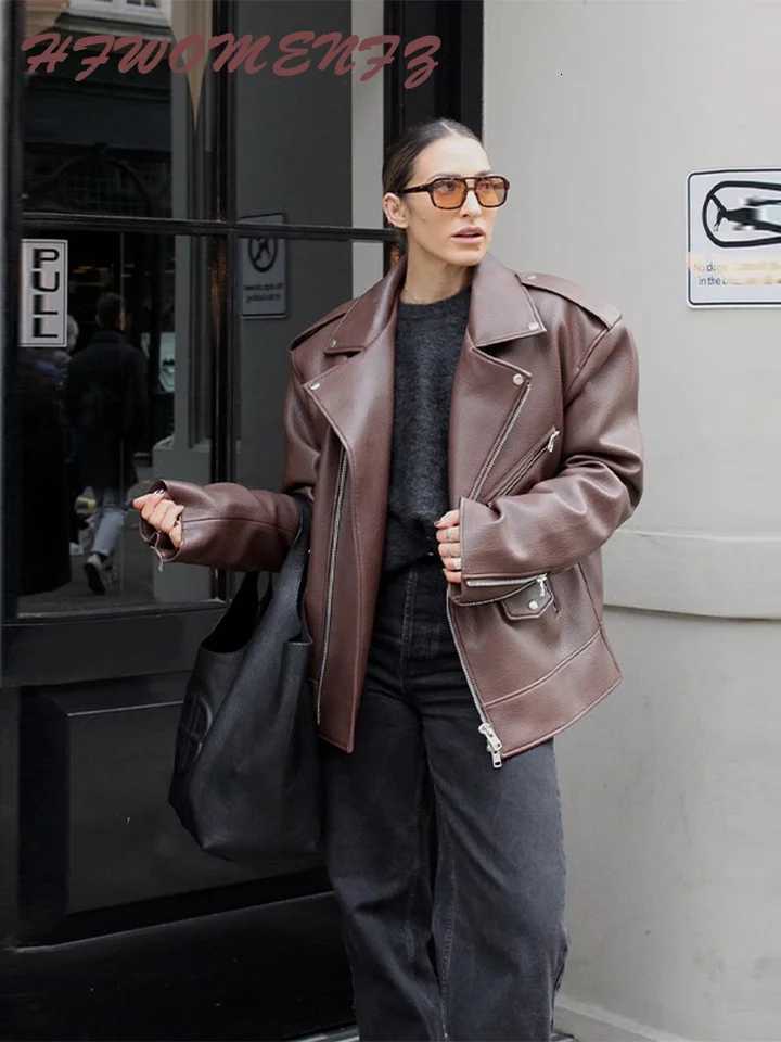 Solid Pu Leather Women Jacket Laple Long Sleeve Zippers Female Coat 2025 Fashion Vintage All Match Pocket Y2k Lady OutwearT251017