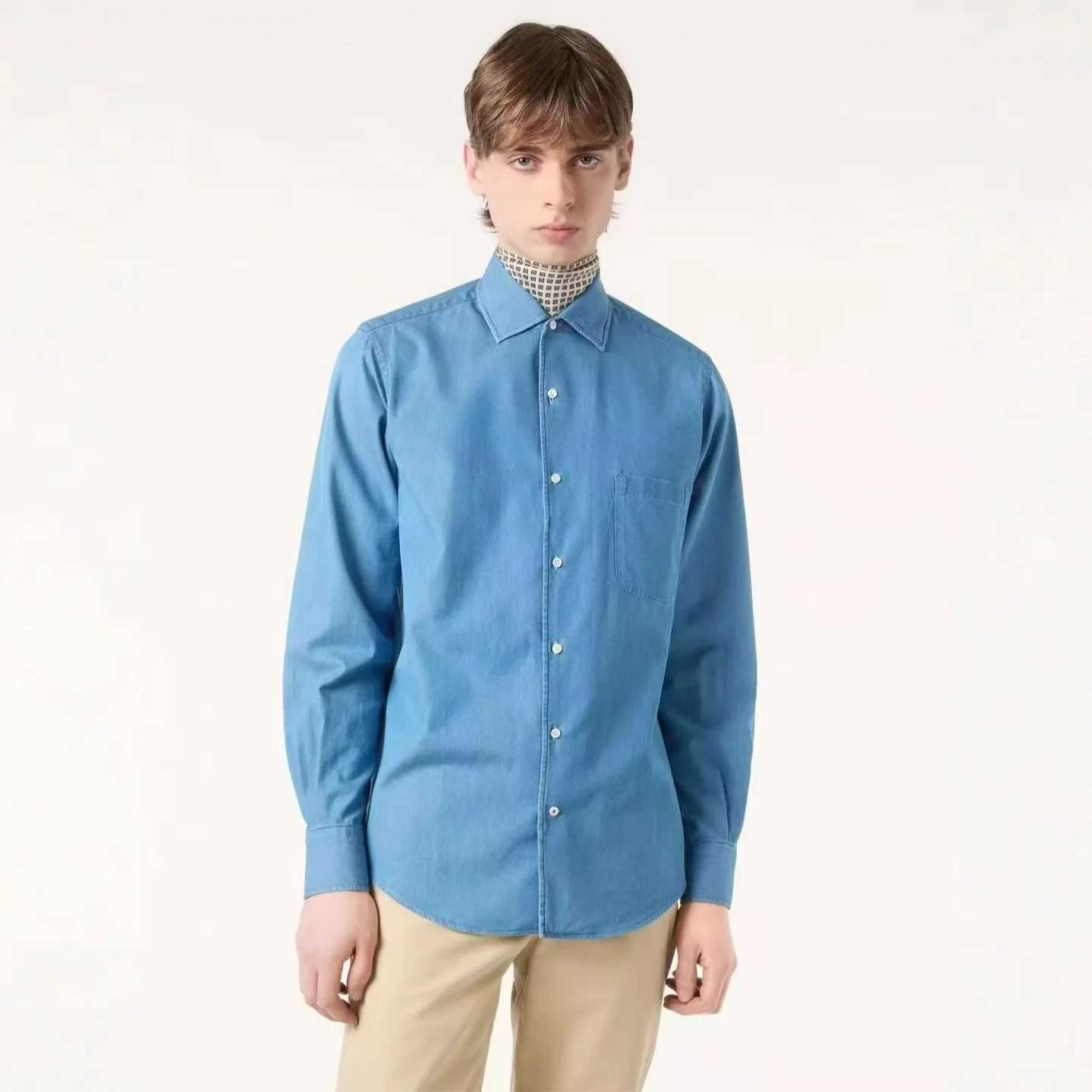 Mens Casual Washed Denim Shirt Loose Fit Long Sleeve Classic Collar Pocket Detail Business Casual Style Cotton Shirt J251017