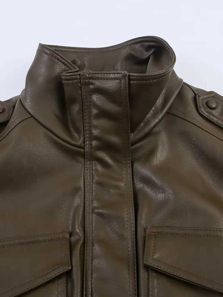 European and American style autumn new fashion womens clothing versatile imitation leather stand collar long sleeve short jackeT251017