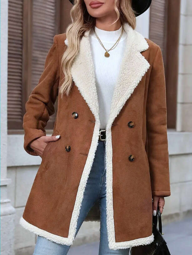 Autumn Winter New Suede Velvet Coat Fashion Casual Turn-Down Collar Mid-Length Warm Woolen Women's Overcoat B5