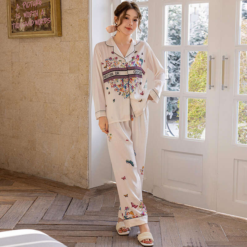 Butterfly Heart Print Pattern Pajama Set High-end Sleeve Long Pants Thin Women's Versatile Homewear